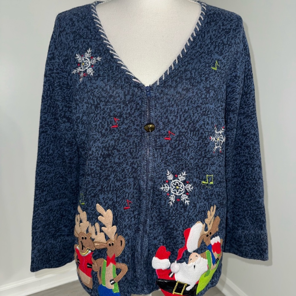 Tiara International Christmas Santa Reindeer‎ Cardigan Sweater Navy Women’s L